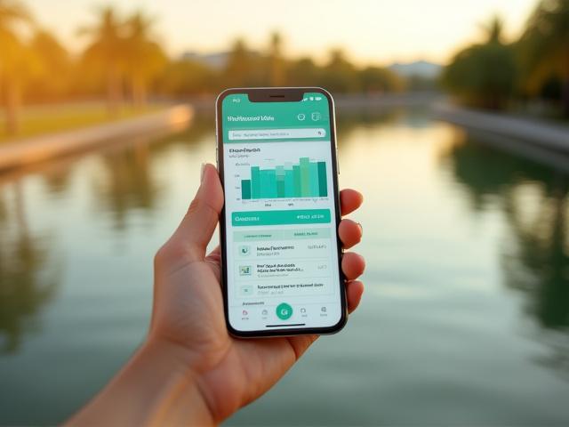 Hand holding a smartphone displaying the Lagoon Life App dashboard with wellness metrics and a serene Miami park in the background.