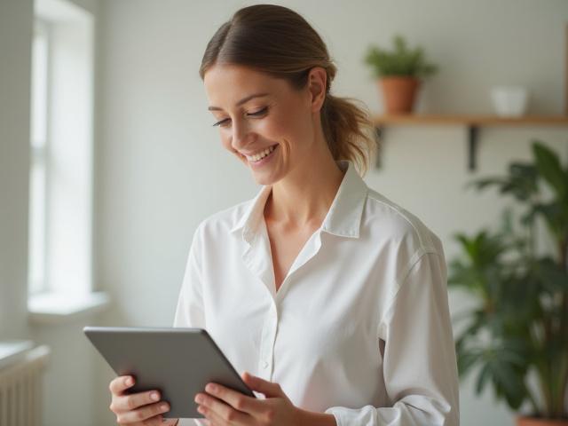 Friendly female dietitian smiling, looking at a digital tablet with a patient